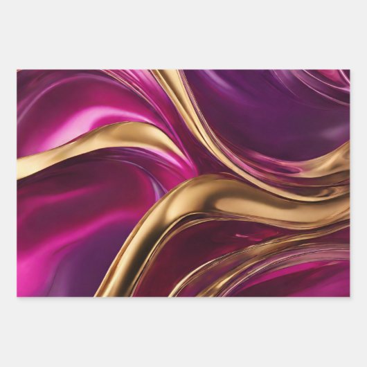 Abstracte Flow Art- Fuchsia Paarse en Gold- Inpakpapier Vel (Voorkant 3)