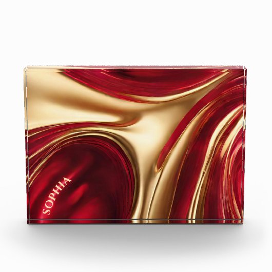 Abstracte Flow Art- Ruby Red en Gold- Fotoblokken (Voorkant)