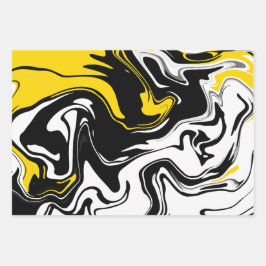 Abstracte Fluid Art met zwart, wit en geel Inpakpapier Vel