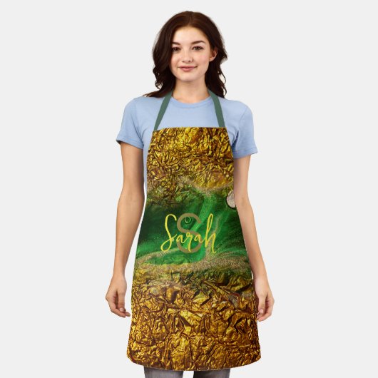 Abstracte Fluid Paint Gold Metallic Folie Groene N Schort (Gedragen)