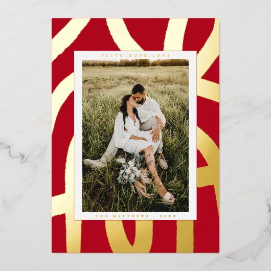 Abstracte foto rood en goud in penseelinkt folie feestdagenkaart (Voorkant)