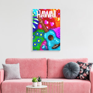 Abstracte Funky Ukulele Bloemen Tropisch Blauwgroe Canvas Afdruk