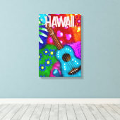 Abstracte Funky Ukulele Bloemen Tropisch Blauwgroe Canvas Afdruk (Insitu (Houten vloer))