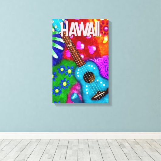 Abstracte Funky Ukulele Bloemen Tropisch Blauwgroe Canvas Afdruk (Insitu (Houten vloer))