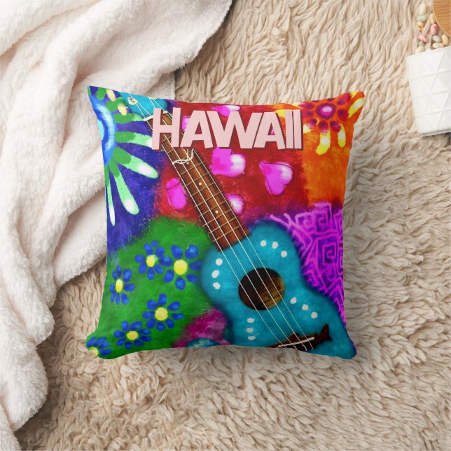 Abstracte Funky Ukulele Bloemen Tropisch Blauwgroe Kussen (Deken)