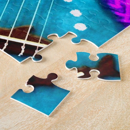 Abstracte Funky Ukulele Bloemen Tropisch Blauwgroe Legpuzzel (Zijkant)