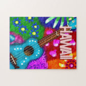 Abstracte Funky Ukulele Bloemen Tropisch Blauwgroe Legpuzzel (Horizontaal)