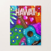 Abstracte Funky Ukulele Bloemen Tropisch Blauwgroe Legpuzzel (Verticaal)