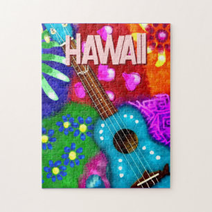 Abstracte Funky Ukulele Bloemen Tropisch Blauwgroe Legpuzzel