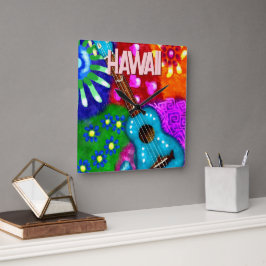 Abstracte Funky Ukulele Bloemen Tropisch Blauwgroe Vierkante Klok