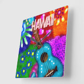 Abstracte Funky Ukulele Bloemen Tropisch Blauwgroe Vierkante Klok (Hoek)