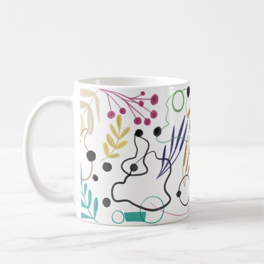 Abstracte gebogen lijnen, pootvloeren en bladeren koffiemok (Links)