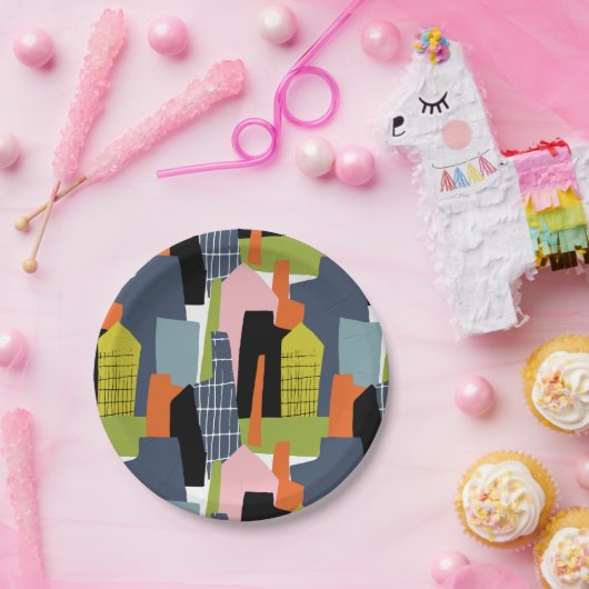 Abstracte gebouwen: rooster van de stad kleurrijk papieren bordje (Feest)
