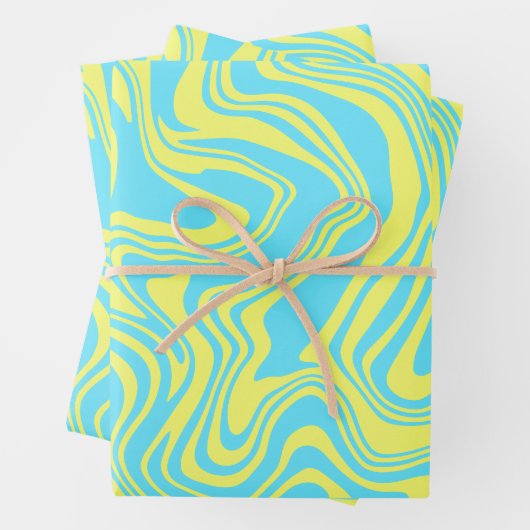 Abstracte geel en blauw wervelende golven inpakpapier vel (In situ)