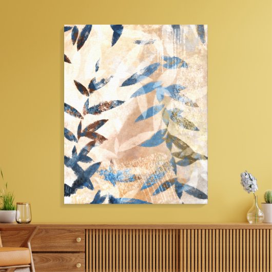 Abstracte gelaagde bladeren - blauw en neutraal canvas afdruk (Insitu (Woonkamer))