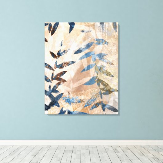 Abstracte gelaagde bladeren - blauw en neutraal canvas afdruk (Insitu (Houten vloer))