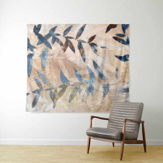 Abstracte gelaagde bladeren - Blauw en neutraal Wandkleed (In Situ (horizontaal))