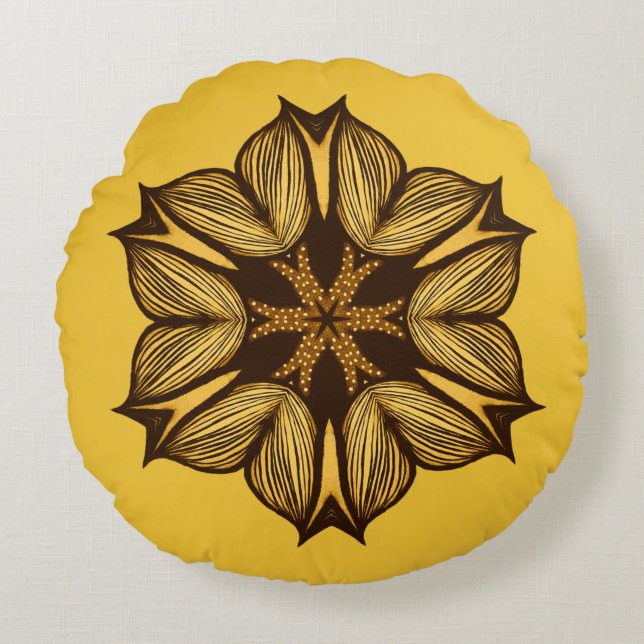 Abstracte gele bloem rond kussen (Voorkant)
