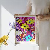 Abstracte gele bloemen op viva magenta canvas afdruk