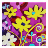 Abstracte gele bloemen op viva magenta perfect poster (Voorkant)