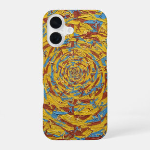 Abstracte gele en blauwe hardlopende figuren kunst iPhone 16 hoesje