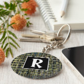 Abstracte gele en blauwe rasters sleutelhanger (Zijkant)