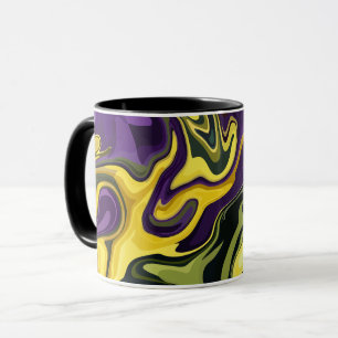 Abstracte gele, paarse en groene vloeibare kunst mok