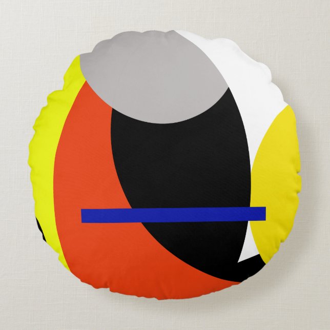 Abstracte gele rode blauwe kunst rond kussen (Voorkant)