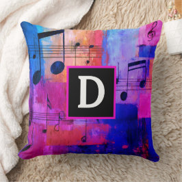 Abstracte gele rode blauwe muzieknoten monogram kussen