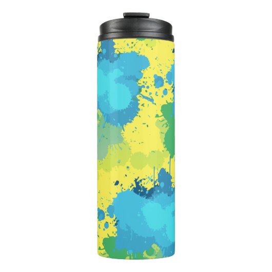 Abstracte gele turquoise groene verfspetters thermosbeker (Voorkant)