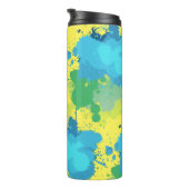 Abstracte gele turquoise groene verfspetters thermosbeker (Geroteerd rechts)