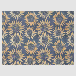 Abstracte Gele Zonnebloemen op Blauwe Decoupage Tissuepapier