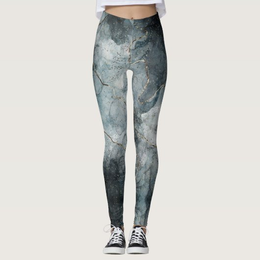 Abstracte gemarmerde verf - Grijze blauwe moderne  Leggings (Voorkant)