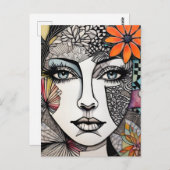 Abstracte gemengde media vrouwen gezicht briefkaart (Voorkant / Achterkant)