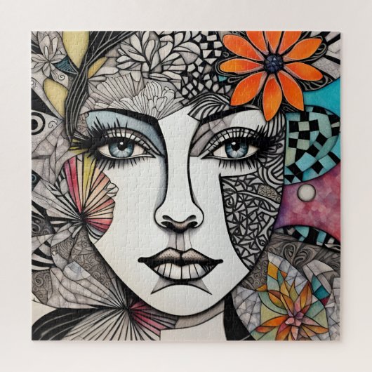 Abstracte gemengde media vrouwen gezicht legpuzzel (Verticaal)