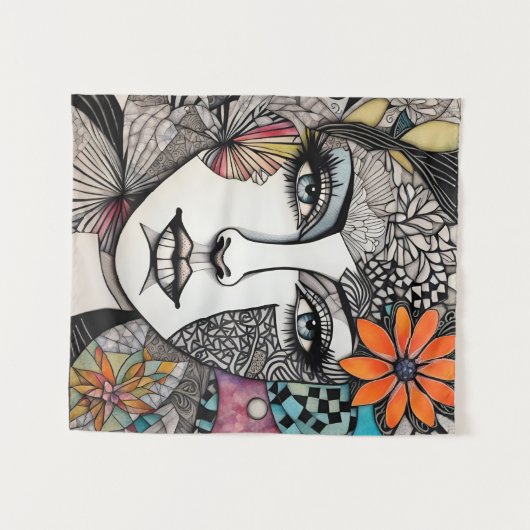 Abstracte gemengde media vrouwen gezicht wandkleed