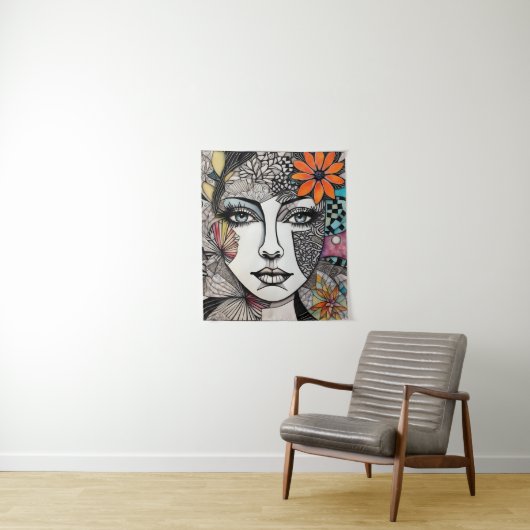 Abstracte gemengde media vrouwen gezicht wandkleed (In situ)