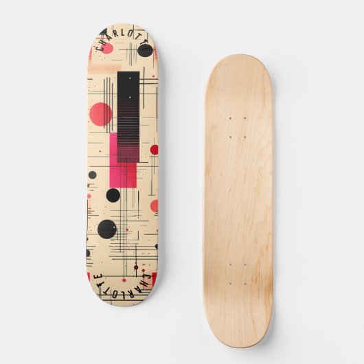 Abstracte geometrie met rode en zwarte accenten persoonlijk skateboard (Voorkant)