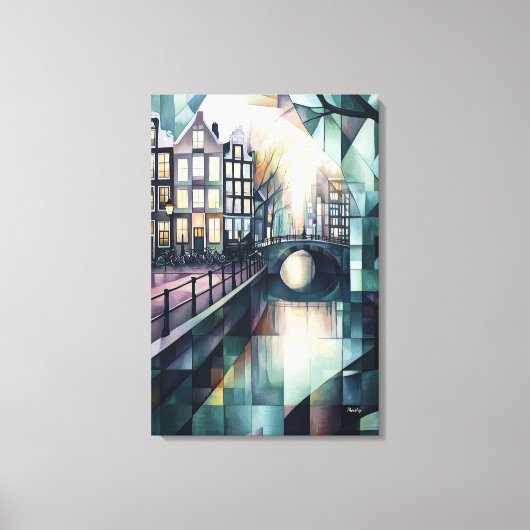 Abstracte geometrische Amsterdamse skyline met gra Canvas Afdruk (Voorkant)