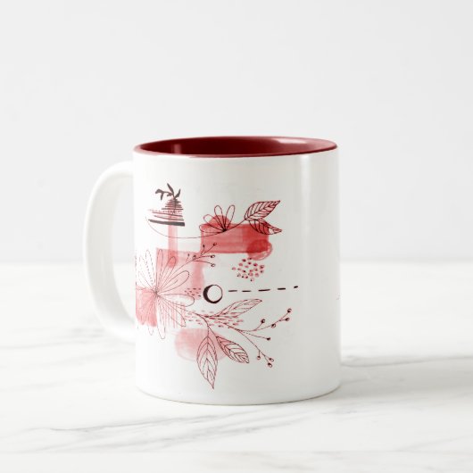 Abstracte geometrische bloemen laten zwarte schoft tweekleurige koffiemok (Voorkant links)