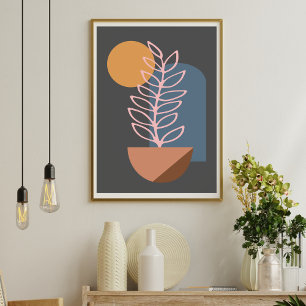 Abstracte geometrische botanische kunst in grijs poster