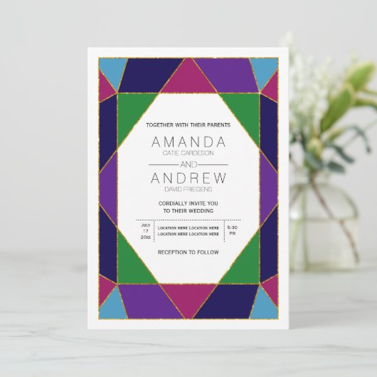 Abstracte geometrische edelstenen bruiloft kaart (Staand voorkant)