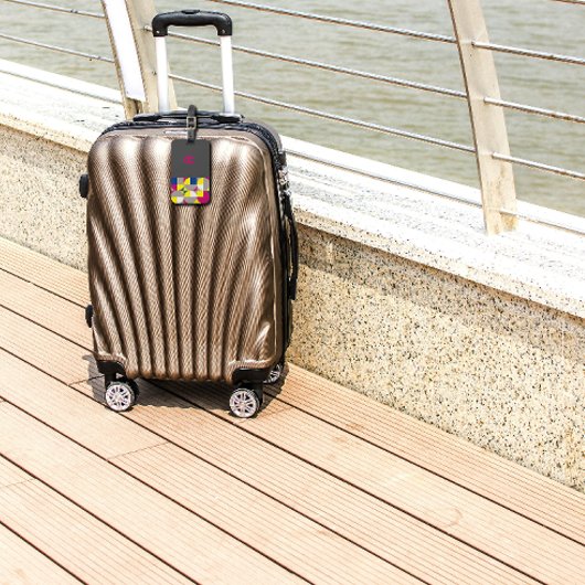 Abstracte geometrische fuchsie blauwe gele grijze  bagagelabel