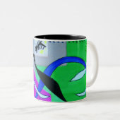 Abstracte geometrische helderblauwe roze vormen tweekleurige koffiemok (Voorkant rechts)