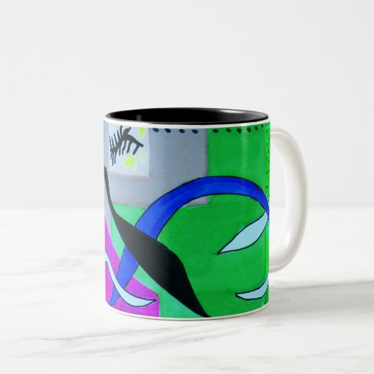 Abstracte geometrische helderblauwe roze vormen tweekleurige koffiemok (Voorkant rechts)