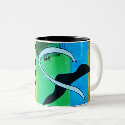 Abstracte geometrische heldere blauwe vormen tweekleurige koffiemok (Voorkant rechts)