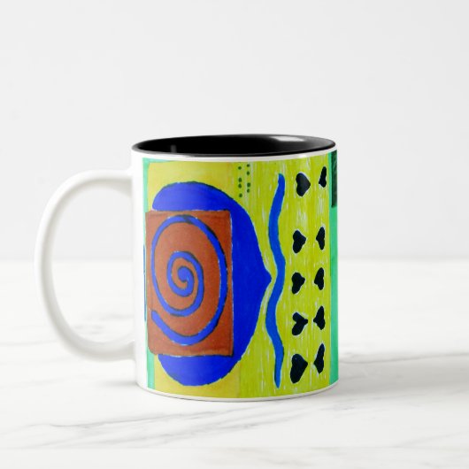 Abstracte geometrische heldere blauwe vormen tweekleurige koffiemok (Links)