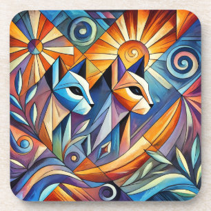 Abstracte geometrische katten met levendige kleure bier onderzetter