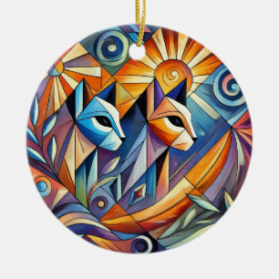 Abstracte geometrische katten met levendige kleure keramisch ornament