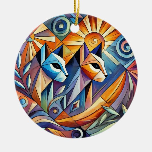 Abstracte geometrische katten met levendige kleure keramisch ornament (Voorkant)